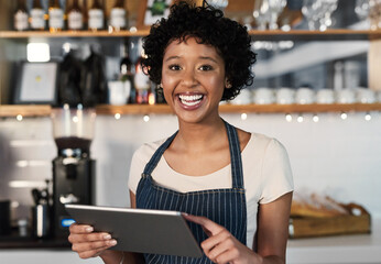 Happy woman, tablet and portrait of barista at cafe with smile in management, inventory or stock at restaurant. Female person, waitress or employee on technology for small business at coffee shop