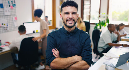 Man, happy and portrait of designer with arms crossed in office workplace for business. Face, confidence and graphic design, male person or creative entrepreneur, professional and leadership mindset.