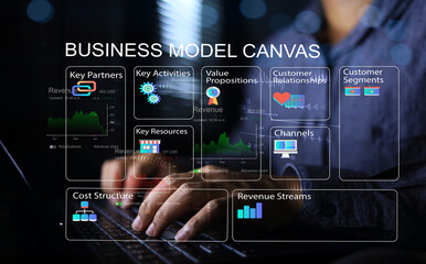 Businessman planning business a plan with business model canvas through a laptop on the desktop for project presentation and budgeting from high net worth investors value proposition cost and revenue.