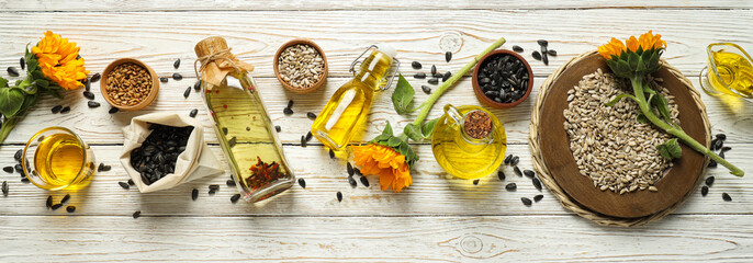 Concept of ingredients for cooking - Sunflower oil - obrazy, fototapety, plakaty