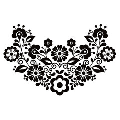 Mexican vibrant folk art style vector pattern with flowers, half wreath shaped floral design inspired by traditional embroidery from Mexico in black and white
 