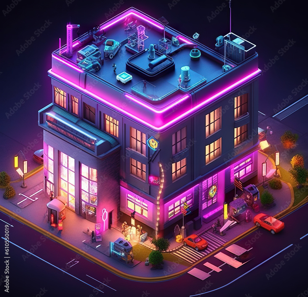 Poster a building with a car parked in front of it. generative ai. technological neon lit building in isome