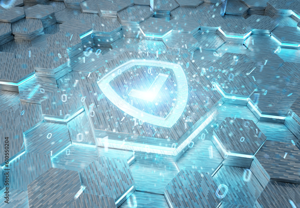 Leinwandbilder shield icon concept engraved on hexagonal pedestral background. security logo glowing on abstract di