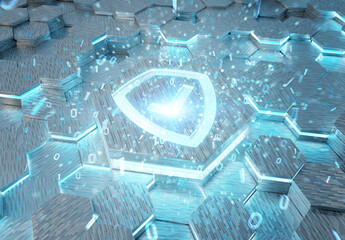 Shield icon concept engraved on hexagonal pedestral background. Security Logo glowing on abstract digital surface. 3d rendering