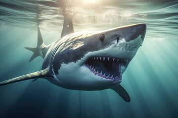 Obraz premium Close-up white tiger shark underwater in the ocean sunlight, AI Generative.