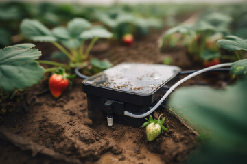 smart farm, Automated Irrigation Systems on the field of strawberries. Close-up of ripe strawberries, soil moisture sensors. AI generated Generative AI - obrazy, fototapety, plakaty