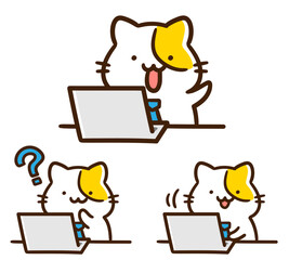 パソコン仕事をするかわいいねこのキャラクターのイラストセット