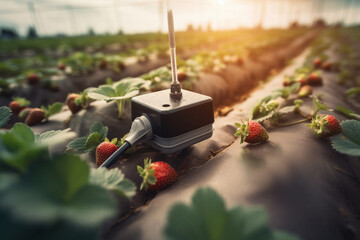 smart farm, Automated Irrigation Systems on the field of strawberries. Close-up of ripe strawberries, soil moisture sensors.  Generative AI - obrazy, fototapety, plakaty