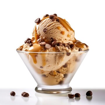 Coffee ice cream with caramel and nuts in glass bowl isolated on white background