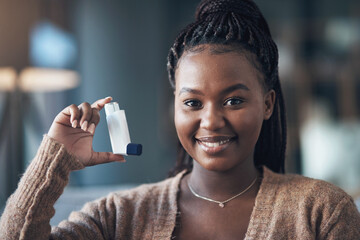 Asthma, medicine and portrait of a woman with inhaler to breathe in home for health and wellness....