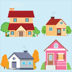House collection. Modern suburban cottage. Townhouse building apartment. Hotel logo icon set. Townhouse neighborhood. Real estate. Home facade. Home residential houses. Vector illustration.