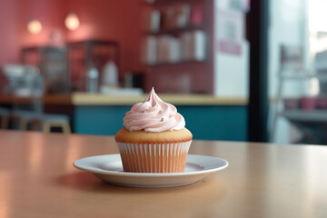 Image of the cupcake with pink icing on a table in a pastry shop.