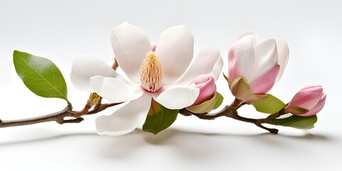 Beautiful Fresh White Magnolia Flower in Full Bloom on White Background