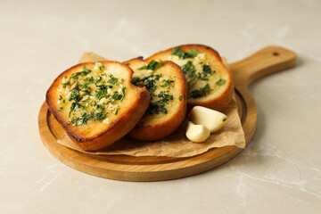 Tasty toasts with garlic, homemade products appetizer