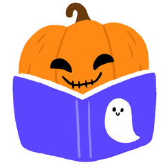 Cartoon cute funny pumpkin reading book Halloween element.