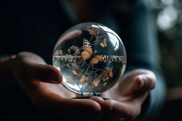 Butterflies in a bubble in a person's hands. Ecology and saving the environment, saving the clean planet, green business, earth day concept. Generative AI
