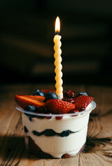 Cake with a candle and fruit for a birthday