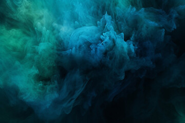 Fototapeta na wymiar Color mist, Ink water, Haze texture, Fantasy night sky, Blue green shiny glitter steam cloud blend on dark black abstract art background