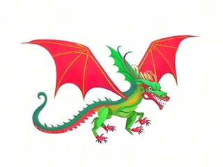 Fairy tale dragon, magic creature with tail and wings. Сartoon illustration of fire breathing monsters from medieval mythology, fantasy red and green flying beasts isolated on white background, Genera