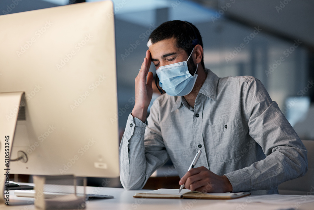 Poster call center, man and headache with face mask at computer for stress, burnout or problem with client 