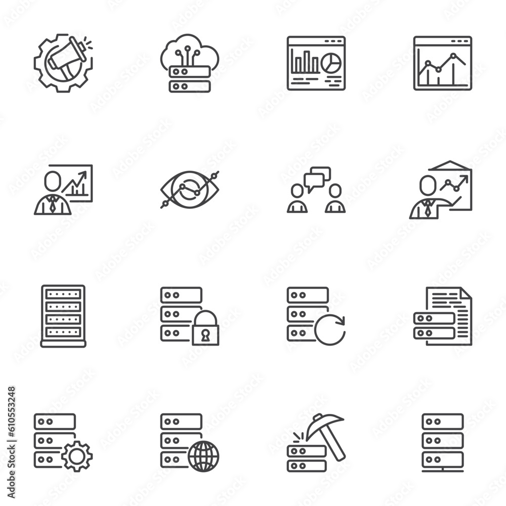 Poster data analytics line icons set