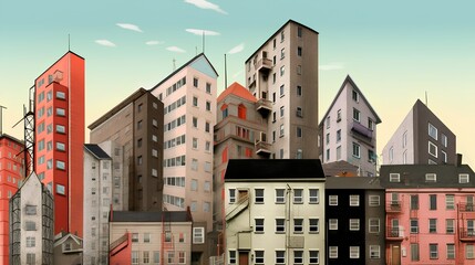 Concept of the housing market through a collage of various houses. This dynamic visual ensemble underscores the diversity and vibrancy within the real estate sector. Generative AI - obrazy, fototapety, plakaty