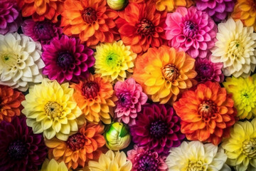 Colorful autumn dahlia flowers pattern as background, Top view