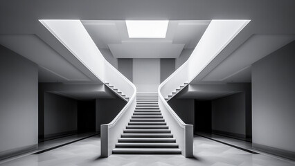 Interior of modern building with a staircase in the middle. Generative AI.