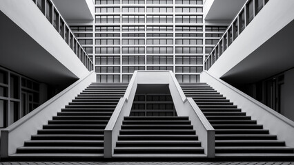A modern office building with geometrically patterned staircase. Generative AI.