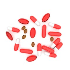 bright colored tablets and capsules on a white background, vitamins and medicines, 3d rendering
