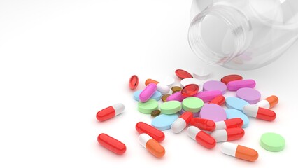 bright colored tablets and capsules on a white background, vitamins and medicines, 3d rendering