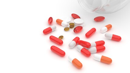 bright colored tablets and capsules on a white background, vitamins and medicines, 3d rendering