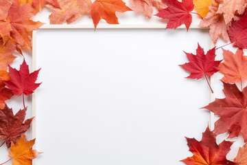 Naklejka na ściany i meble A white frame surrounded by autumn leaves. Generative AI.