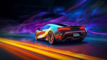 Obraz na płótnie Canvas Futuristic Super Car on Neon Road, Acceleration, Neon Light Trails, Generative AI