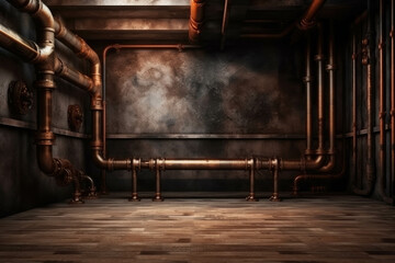 Vintage steampunk backdrop with pipes, stucco wall and wooden floor. Open space with concrete wall, pipelines and wooden floor. Mock-up with copy space. Grunge interior background. Generative AI