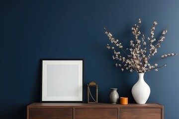 Mockup frame on cabinet in dark blue Scandinavian living room, ai generative