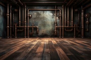Vintage steampunk backdrop with pipes, stucco wall and wooden floor. Open space with concrete wall, pipelines and wooden floor. Mock-up with copy space. Grunge interior background. Generative AI