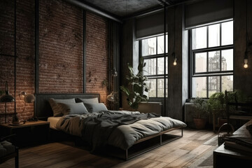 Bedroom decor, home interior design . Industrial Rustic style with Brick Wall decorated with Metal and Wood material. Generative AI