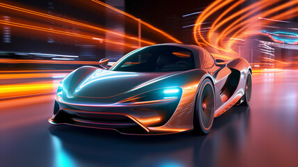 Futuristic Super Car on Neon Road, Acceleration, Neon Light Trails, Generative AI