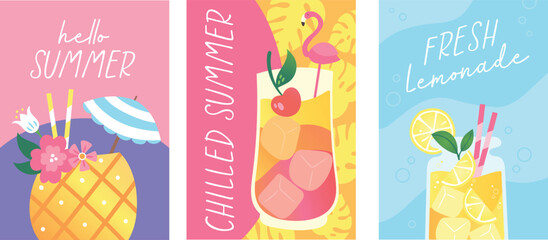 Set of cocktails. Vector illustrations of pretty drinks in different types of glasses. Summer cocktails posters, background, for menu, restaurant, bar,  background, invitation, advert, website