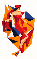 illustration of an woman in red dress, abstractionism, cubism style, wall art in red, blue and yellow colors, Generative Ai