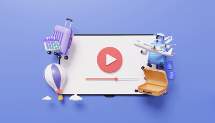 Open smart tv online travel holiday summer concept. calendar appointment schedule suitcase with passport boarding pass ticket tourism trip planning world tour, leisure touring. 3d render illustration