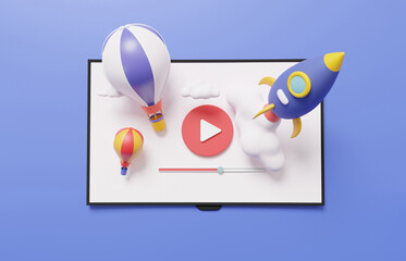 3D smart tv modern playing with spaceship balloon floating on pastel background. entertainment television wireless media connection, internet, banner, cartoon minimal. 3d render illustration