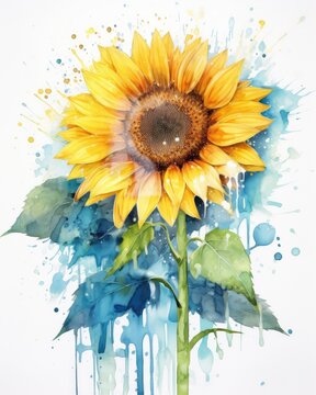 sunflower in the rain, capturing the glistening droplets on the petals and leaves. transparency and create soft, blurred edges to evoke a sense of movement and the refreshing nature of rain 