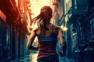 Woman running seen from behind. Generative AI