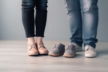 Cropped shot of future parents anticipate for child hold baby boots show small shoes for coming baby
