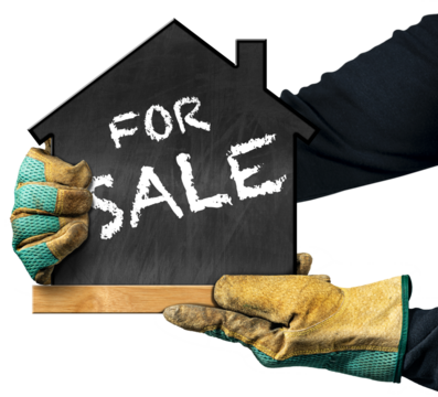 Hands with protective work gloves, holding a blackboard in the shape of a small house with text For Sale. Isolated on white or transparent background with copy space. Png.