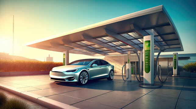 Futuristic Solar-Powered Electric Vehicle Charging Station, Generative AI