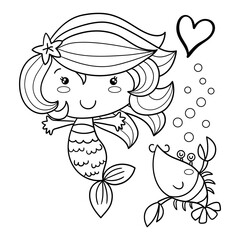 Illustration in black and white of a little mermaid playing with a shrimp under the sea, coloring page