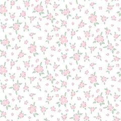 Seamless pattern of small pink flowers and green leaves. Floral print - 610558008